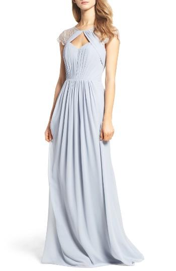 Women's Hayley Paige Occasions Cap Sleeve Lace & Chiffon Gown - Metallic