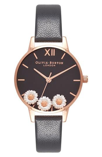 Women's Olivia Burton Dancing Daisy Leather Strap Watch, 30mm