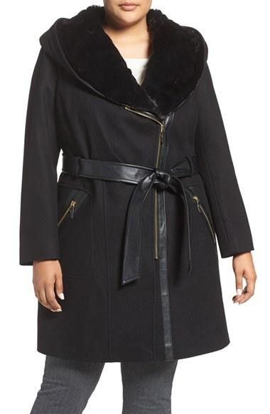 Women's Via Spiga Wool Blend Coat With Faux Fur Trim