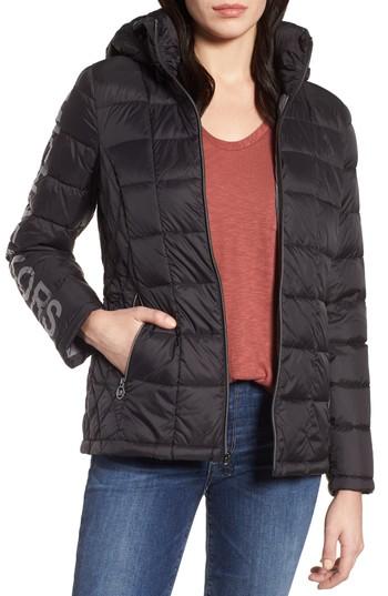 Women's Michael Michael Kors Logo Packable Down Jacket With Detachable Hood - Black