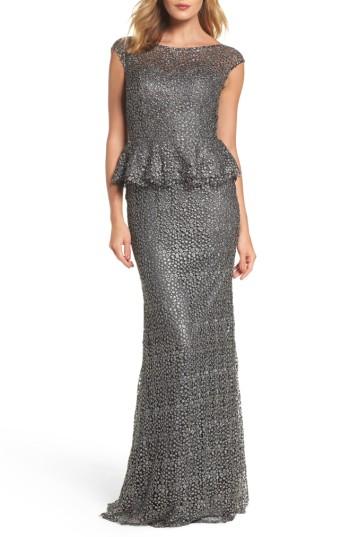 Women's La Femme Embellished Lace Peplum Gown - Grey