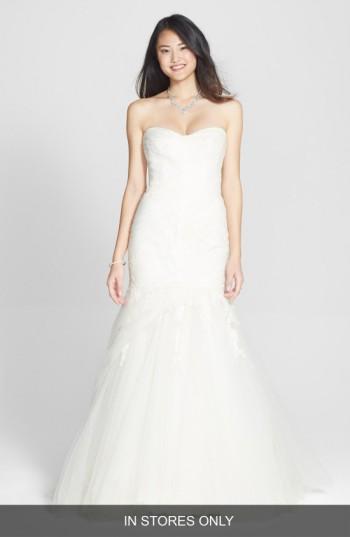 Women's Bliss Monique Lhuillier Draped Tulle & Chantilly Lace Trumpet Dress, Size - White