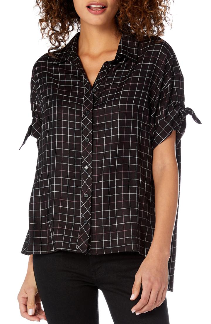 Women's Michael Stars Tie Sleeve Plaid Blouse - Black
