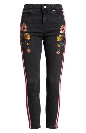 Women's Topshop Stripe Floral Denim Pants W X 30l (fits Like 28-29w) - Black