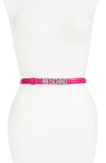 Women's Moschino Logo Plate Skinny Leather Belt - Violet