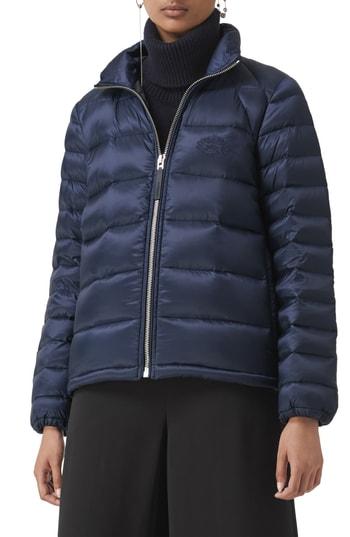 Women's Burberry Smethwick Archive Logo Quilted Down Puffer Coat, Size - Blue