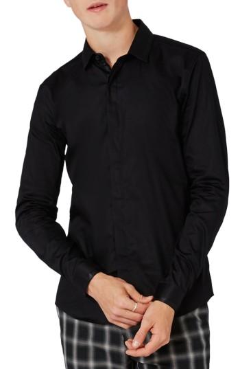 Men's Topman Satin Trim Woven Shirt - Black