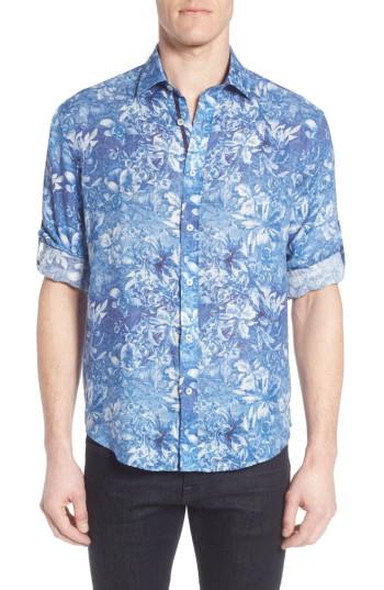 Men's Bugatchi Shaped Fit Floral Linen Sport Shirt - Blue