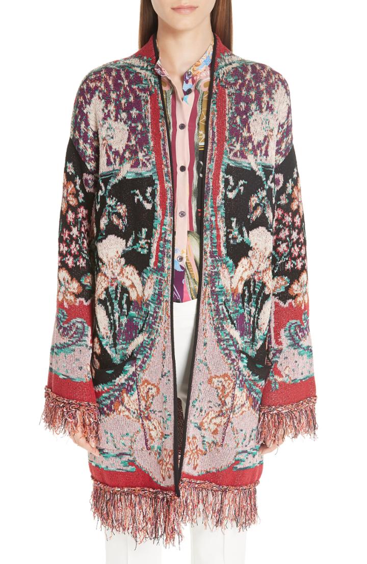 Women's Etro Fringe Trim Jacquard Knit Cardigan Us / 42 It - Black