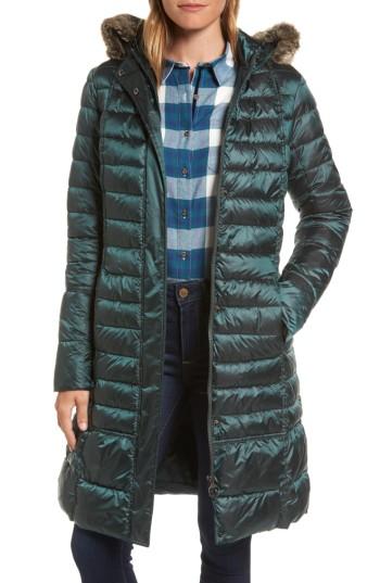 Women's Barbour Fortrose Hooded Quilted Coat With Faux Fur Trim Us / 8 Uk -  Green | LookMazing