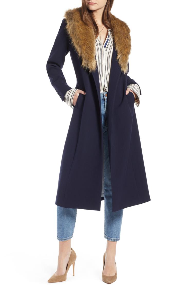 Women's Something Navy Faux Fur Collar Midi Coat - Blue