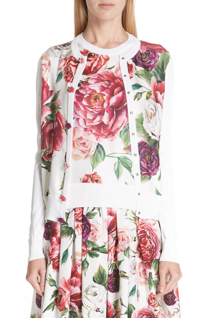 Women's Dolce & Gabbana Peony Print Silk Cardigan Us / 42 It - White