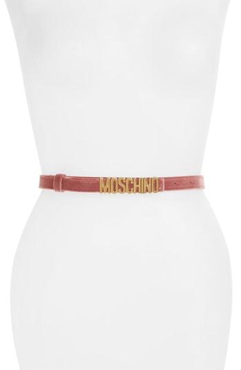 Women's Moschino Logo Plate Skinny Velvet Belt - Rose Pink With Gold