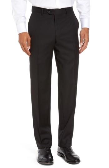 Men's Nordstrom Men's Shop Flat Front Solid Wool Trousers - Black