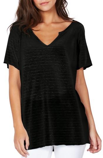 Women's Michael Stars Split Neck Stripe Tee, Size - Black