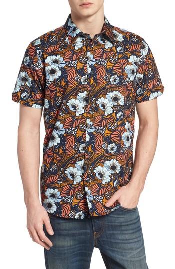 Men's Ben Sherman Psychedelic Floral Modern Fit Short Sleeve Sport Shirt, Size - Blue