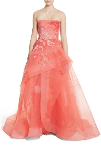 Women's Monique Lhuillier Embroidered Strapless Ballgown - Coral
