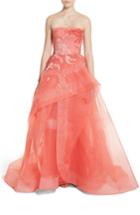 Women's Monique Lhuillier Embroidered Strapless Ballgown - Coral