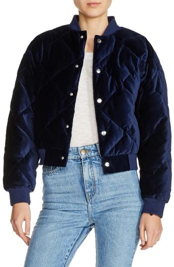 Women's Maje Quilted Velvet Bomber Jacket - Blue