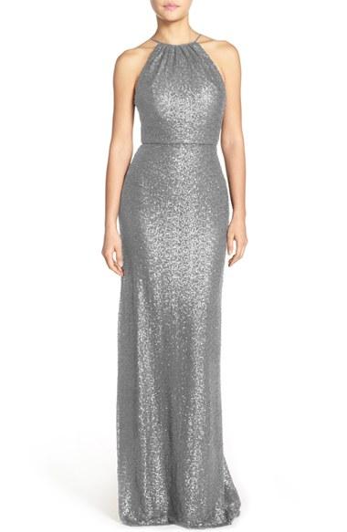 Women's Amsale 'chandler' Sequin Tulle Halter Style Gown - Grey