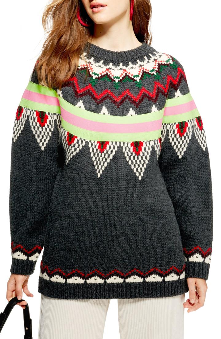 Women's Topshop Fluro Fair Isle Sweater Us (fits Like 0-2) - Grey