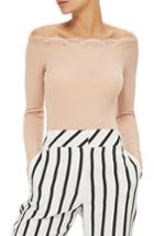 Women's Topshop Lace Trim Off The Shoulder Bodysuit Us (fits Like 2-4) - Pink