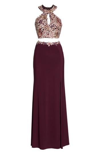 Women's Xscape Embroidered Two-piece Gown - Burgundy
