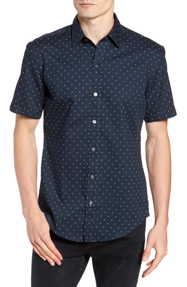 Men's Boss Robb Trim Fit Print Sport Shirt, Size - Blue