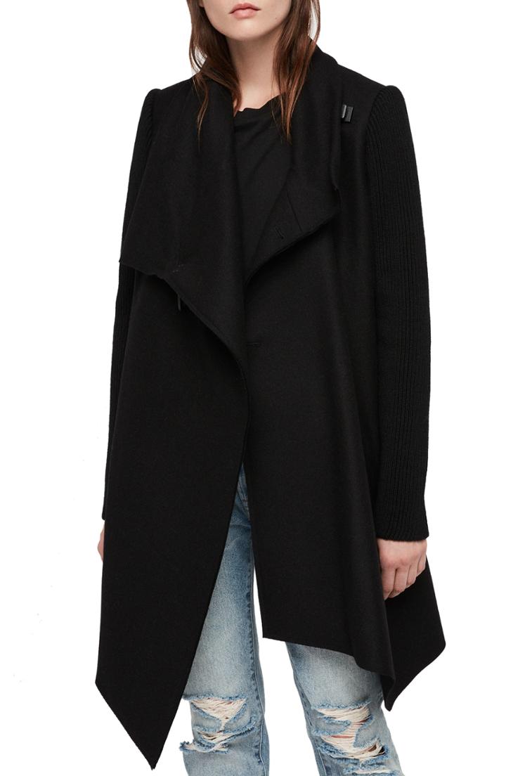 Women's Allsaints Monument Ribbed Sleeve Coat - Black