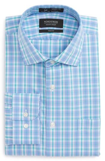Men's Nordstrom Men's Shop Smartcare(tm) Trim Fit Check Dress Shirt - 32/33 - Blue/green