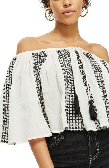Women's Topshop Embroidered Off The Shoulder Top Us (fits Like 0) - White