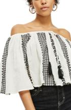 Women's Topshop Embroidered Off The Shoulder Top Us (fits Like 0) - White