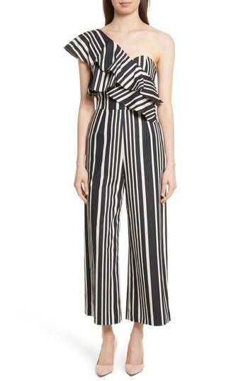 Women's Alice + Olivia Sabeen Ruffle Stripe Crop Jumpsuit - Black