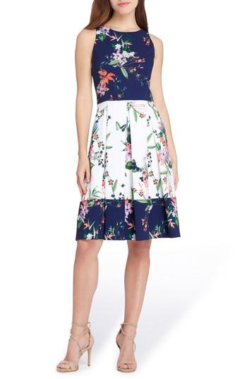 Women's Tahari Colorblock Floral Crepe Fit & Flare Dress - Blue