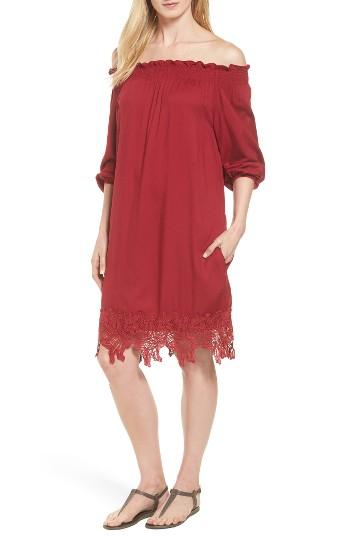 Women's Halogen Lace Hem Off The Shoulder Shift Dress - Burgundy