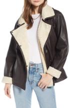 Women's Something Navy Aviator Leather Jacket, Size - Brown