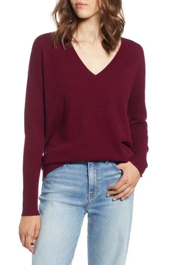 Women's Halogen Relaxed V-neck Cashmere Sweater - Burgundy