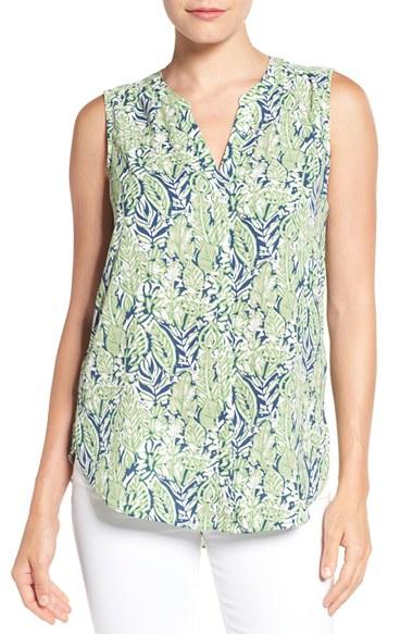 Women's Nydj Print Pleat Back Sleeveless Split Neck Blouse - Green