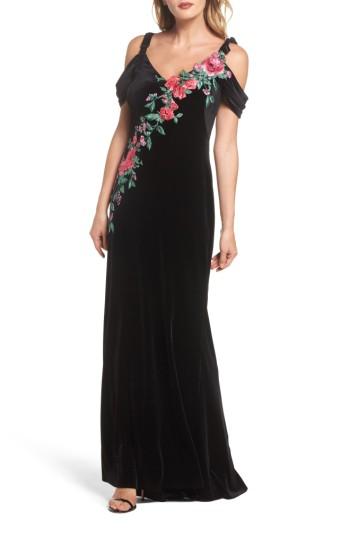 Women's Tadashi Shoji Embroidered Cold Shoulder Velvet Gown - Black