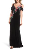 Women's Tadashi Shoji Embroidered Cold Shoulder Velvet Gown - Black