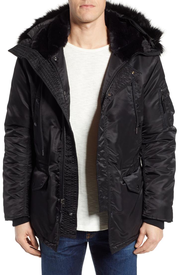 Men's Schott Nyc Satin Flight Parka With Removable Faux Fur Lining - Black