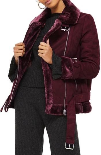 Women's Topshop Cooper Faux Shearling Biker Jacket Us (fits Like 0-2) - Burgundy