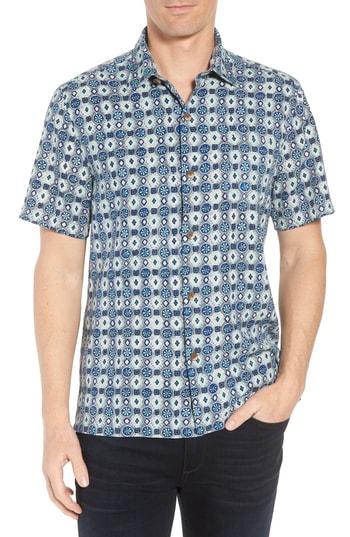 Men's Tommy Bahama Tulum Tiles Silk Camp Shirt, Size - Black