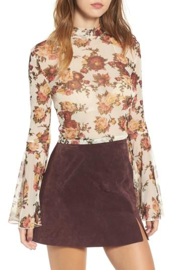 Women's Mimi Chica Floral Mesh Bell Sleeve Crop Top - Ivory