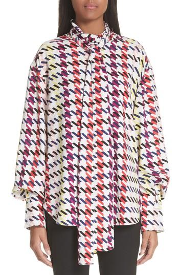 Women's Oscar De La Renta Houndstooth Tie Neck Stretch Silk Blouse - Red