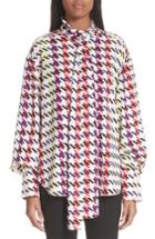 Women's Oscar De La Renta Houndstooth Tie Neck Stretch Silk Blouse - Red