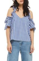 Women's Topshop Gingham Cold Shoulder Top Us (fits Like 6-8) - Blue