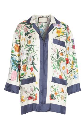 Women's Gucci Floral Print Silk Foulard Shirt Us / 42 It - Ivory