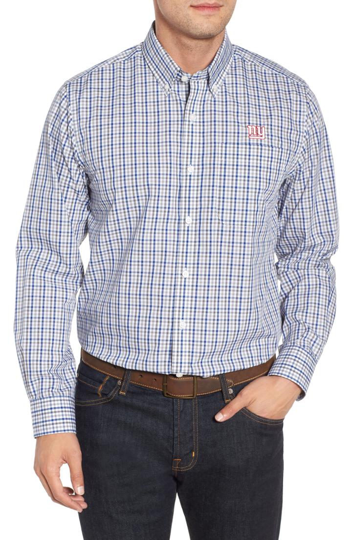 Men's Cutter & Buck New York Giants - Gilman Regular Fit Plaid Sport Shirt, Size - Blue