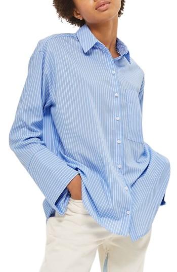 Women's Topshop Deep Cuff Stripe Shirt Us (fits Like 0) - Blue